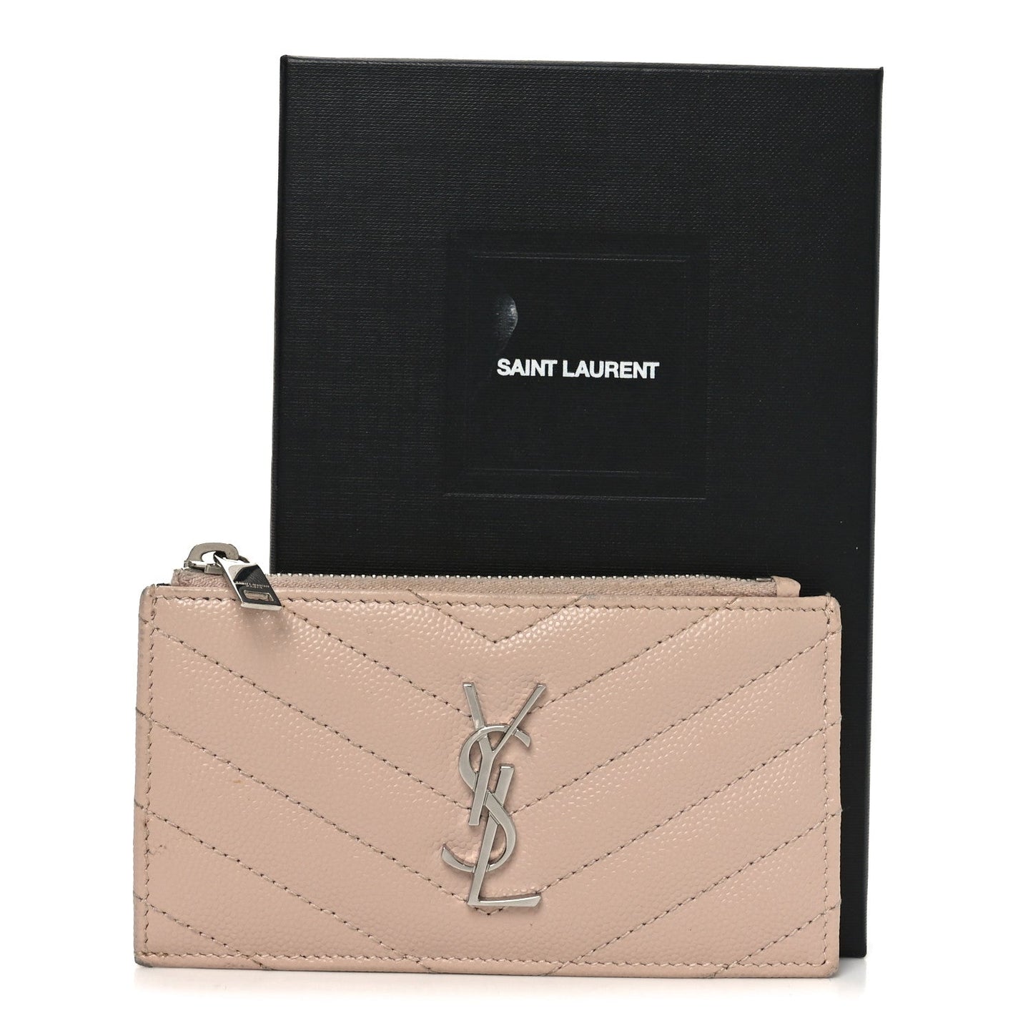 Saint Laurent Grain De Poudre Matelasse Chevron Monogram Fragments Zippered Card Case Marble Pink