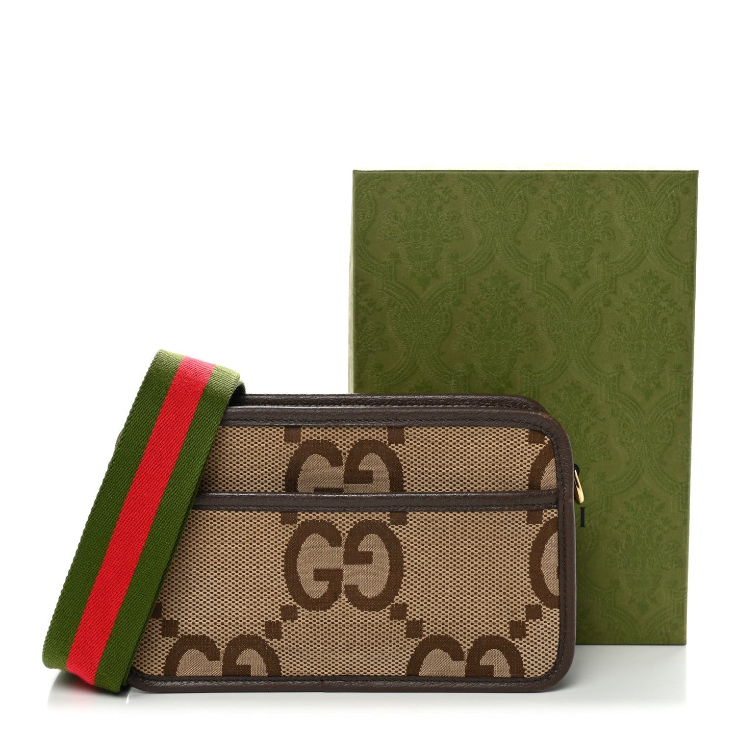 Gucci Monogram Jumbo GG Textured Dollar Calfskin Web Mini Crossbody Bag Camel Ebony New Acero