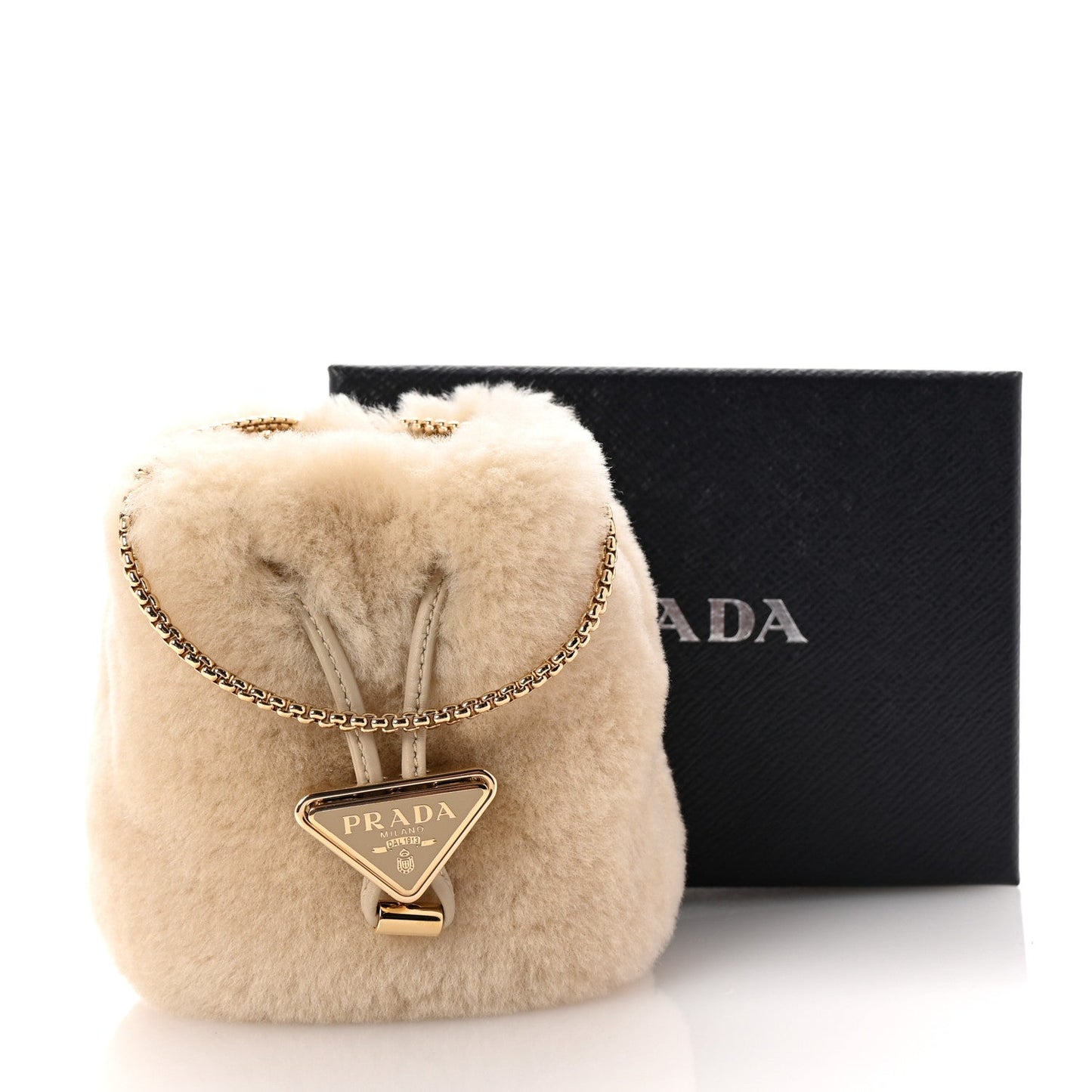 Prada Shearling Metal Triangle Logo Mini Drawcord Pouch Shoulder Bag Ecru