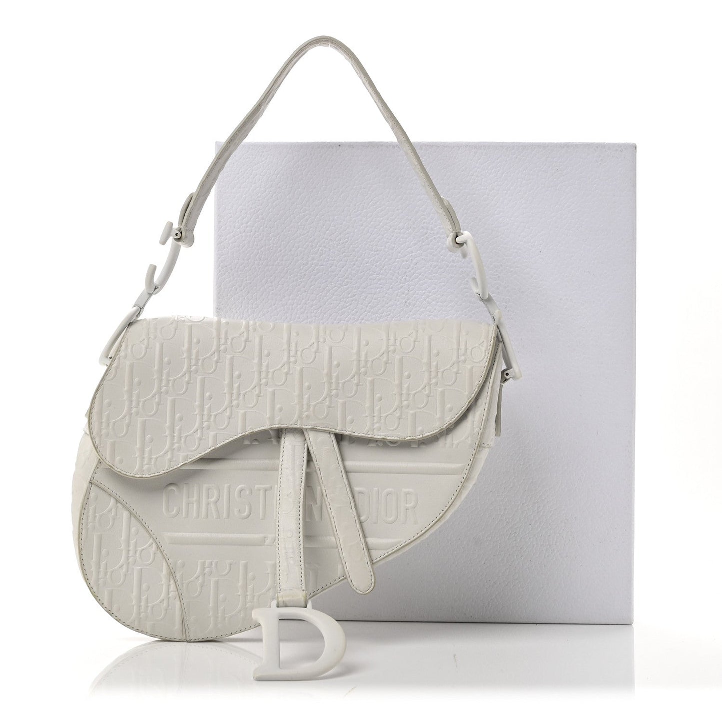 Christian Dior Calfskin Embossed Oblique Saddle Bag White