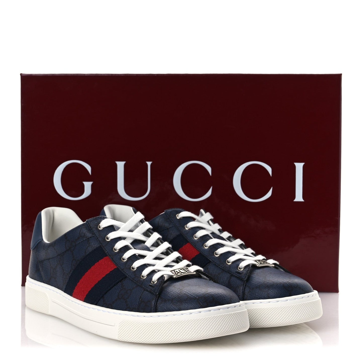 Gucci GG Supreme Monogram Web Mens New Ace Sneakers 8.5 Dark Blue