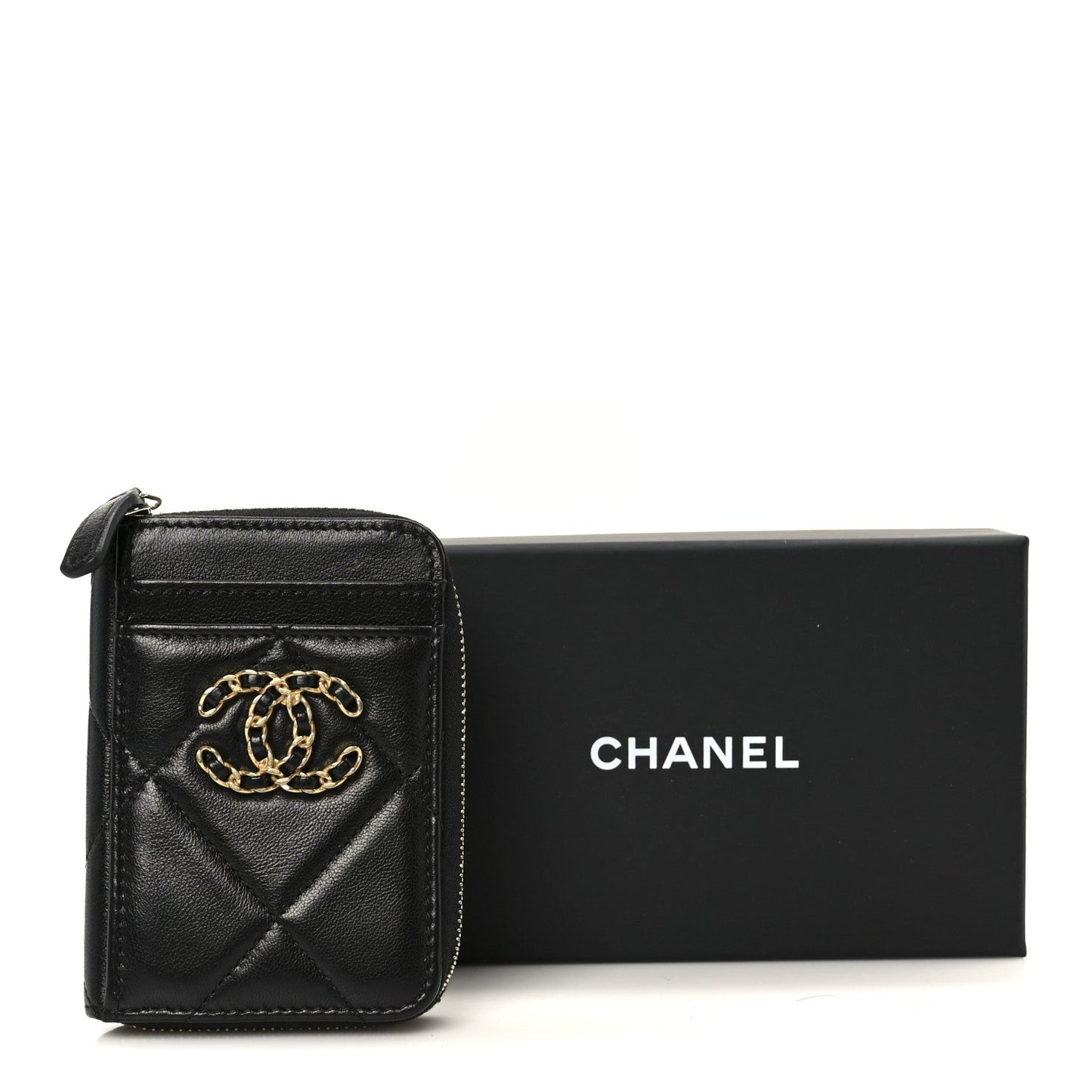 Chanel Lambskin Quilted Chanel 19 Vertical Zip Card Holder Wallet Black