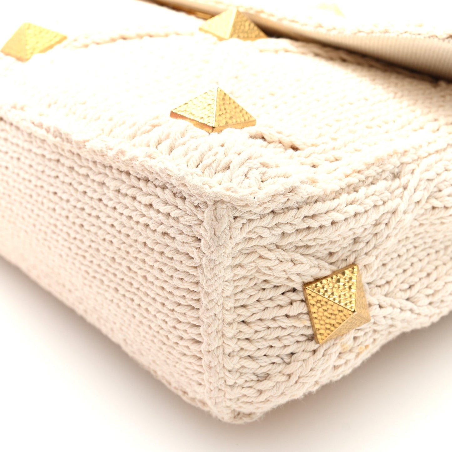 Valentino Garavani Knit Large Roman Stud Shoulder Bag Ecru