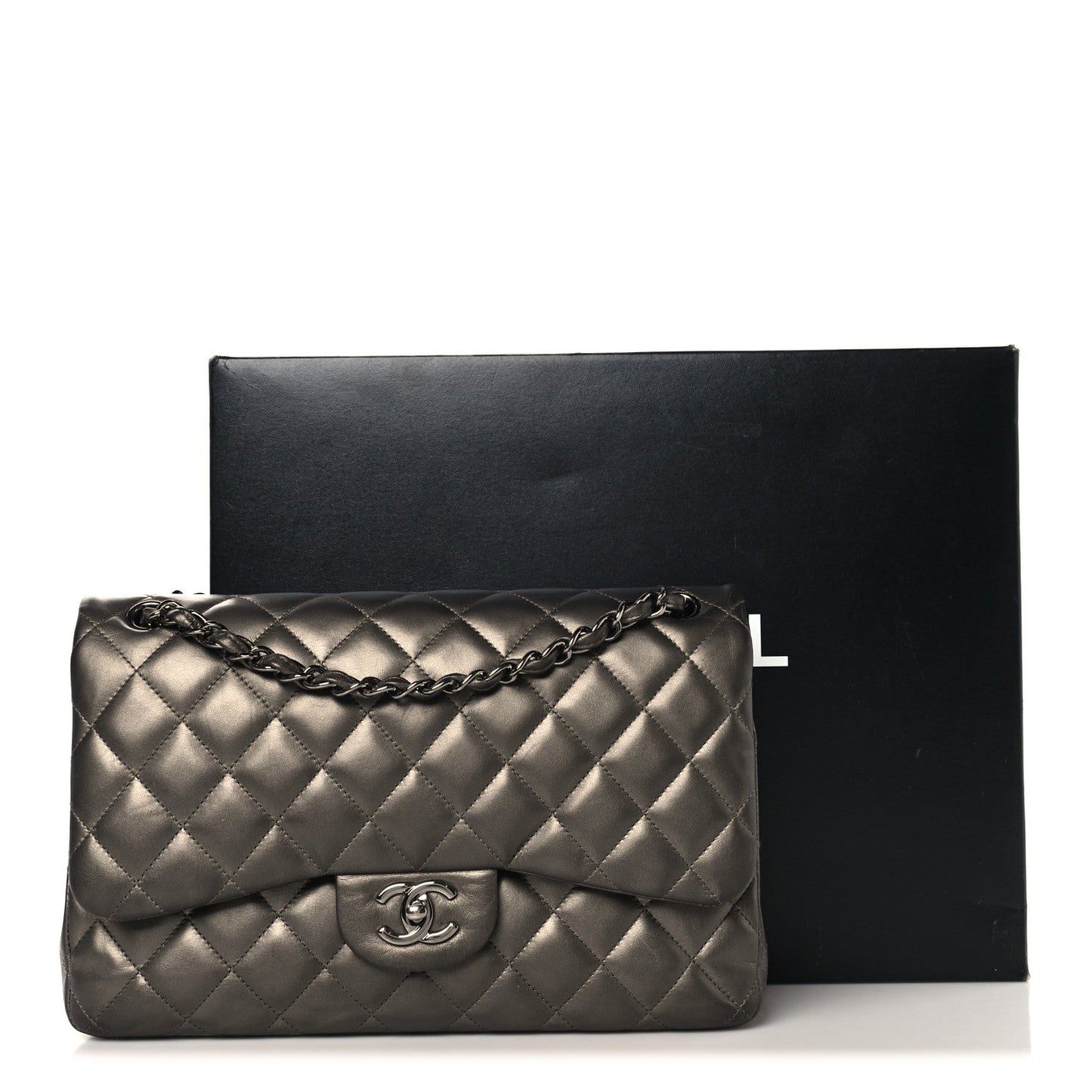 Chanel Metallic Lambskin Quilted Jumbo Double Flap Pewter