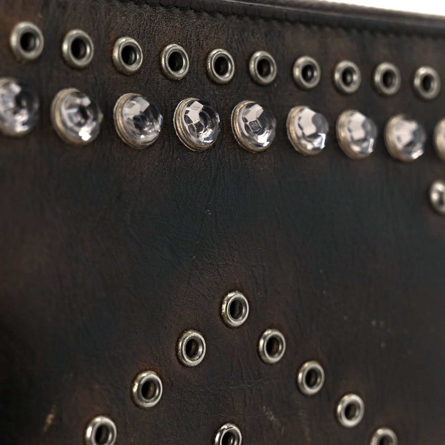 Prada Aged Calfskin Grommet Crystal Studded Zip Around Wallet Ebano