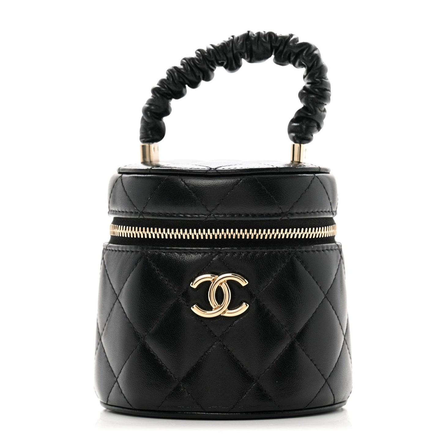 Chanel Lambskin Quilted Ruched Handle Vanity Case Black