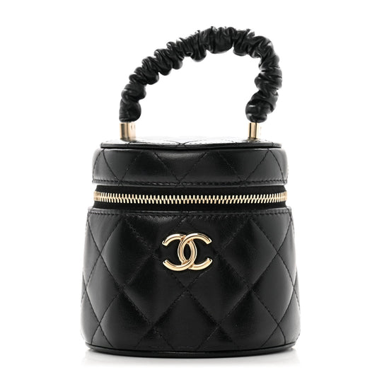 Chanel Lambskin Quilted Ruched Handle Vanity Case Black