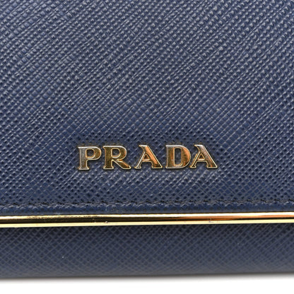 Prada Saffiano Metal Bar Continental Flap Wallet Bluette