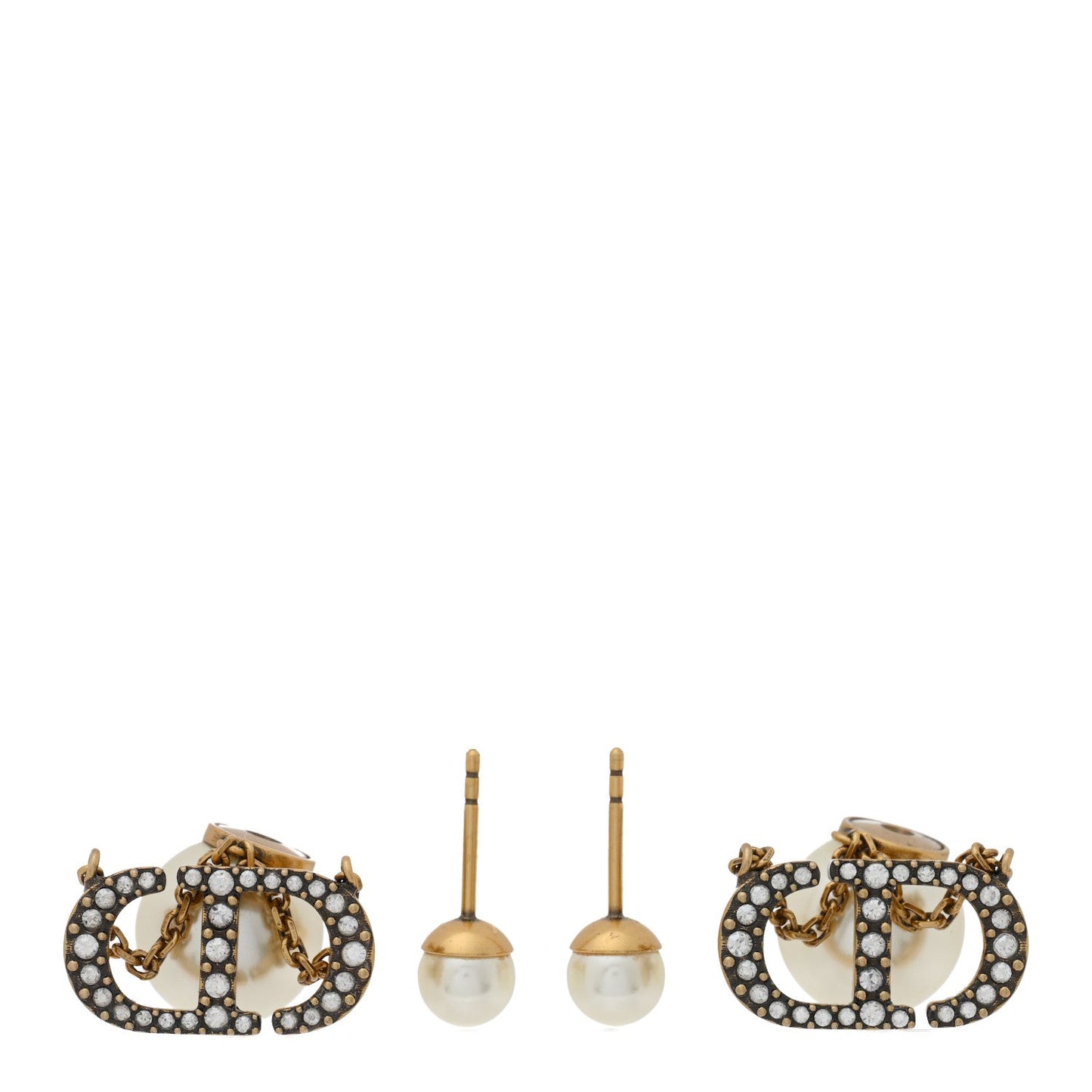 Christian Dior Pearl Crystal Tribal CD Drop Earrings Gold
