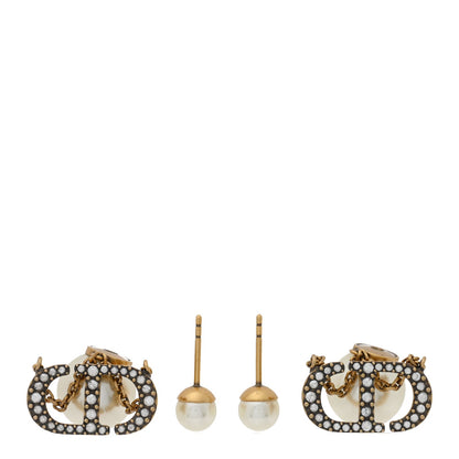 Christian Dior Pearl Crystal Tribal CD Drop Earrings Gold