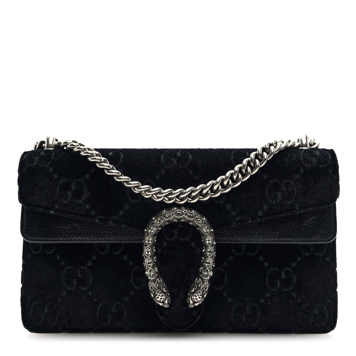 Gucci Velvet Skipper Crystal GG Monogram Small Dionysus Shoulder Bag Black Black Diamond