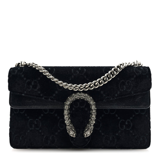 Gucci Velvet Skipper Crystal GG Monogram Small Dionysus Shoulder Bag Black Black Diamond