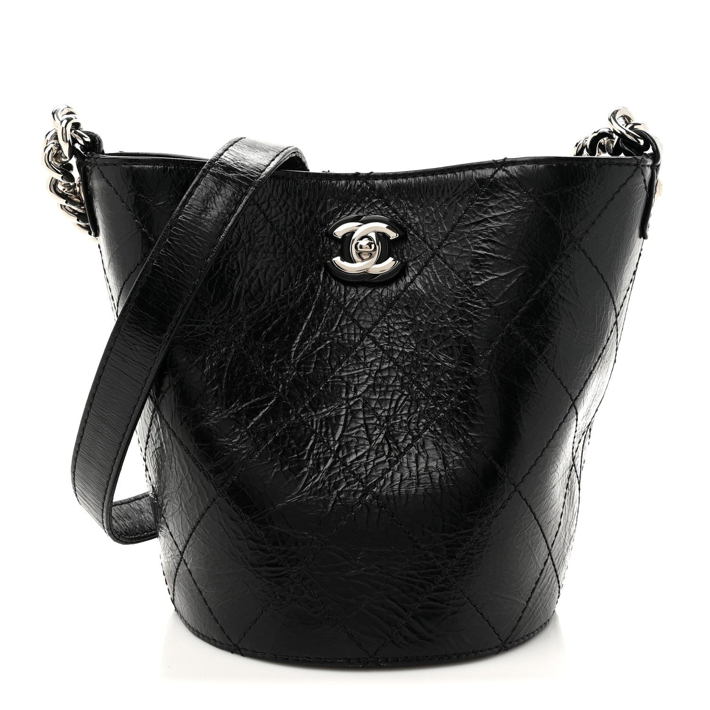 Chanel Crumpled Calfskin Quilted Chain Drawstring Bucket Bag Black