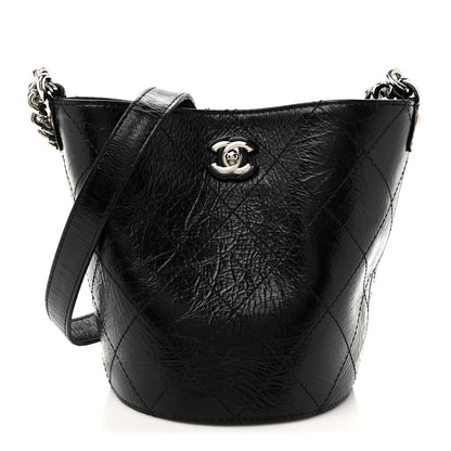 Chanel Crumpled Calfskin Quilted Chain Drawstring Bucket Bag Black