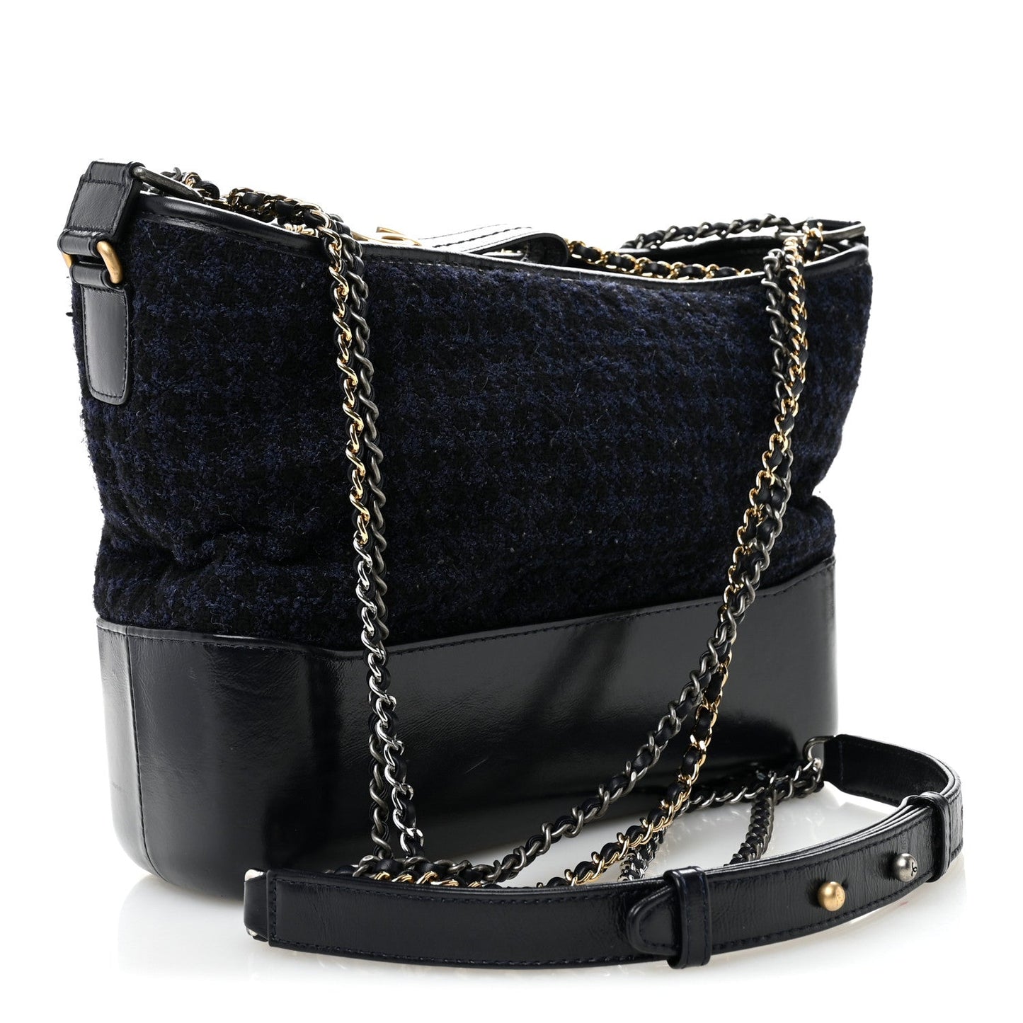 Chanel Tweed Calfskin Quilted Medium Gabrielle Hobo Black Blue
