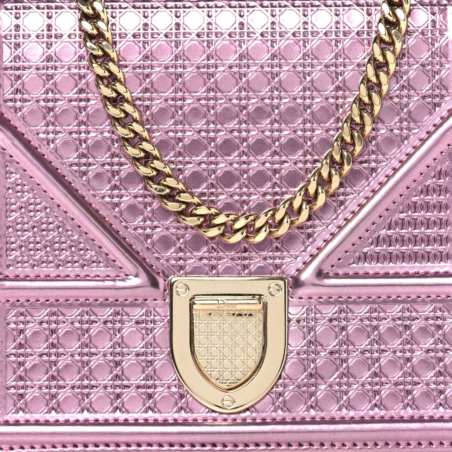 Christian Dior Metallic Patent Micro-Cannage Diorama Wallet on Chain Pouch Pink