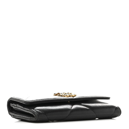 Chanel Shiny Goatskin Quilted Chanel 19 Flap Wallet Black