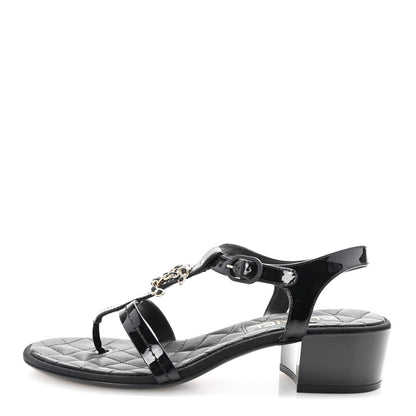 Chanel Patent CC Logo Thong Sandals 37 Black