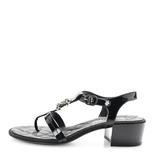 Chanel Patent CC Logo Thong Sandals 37 Black