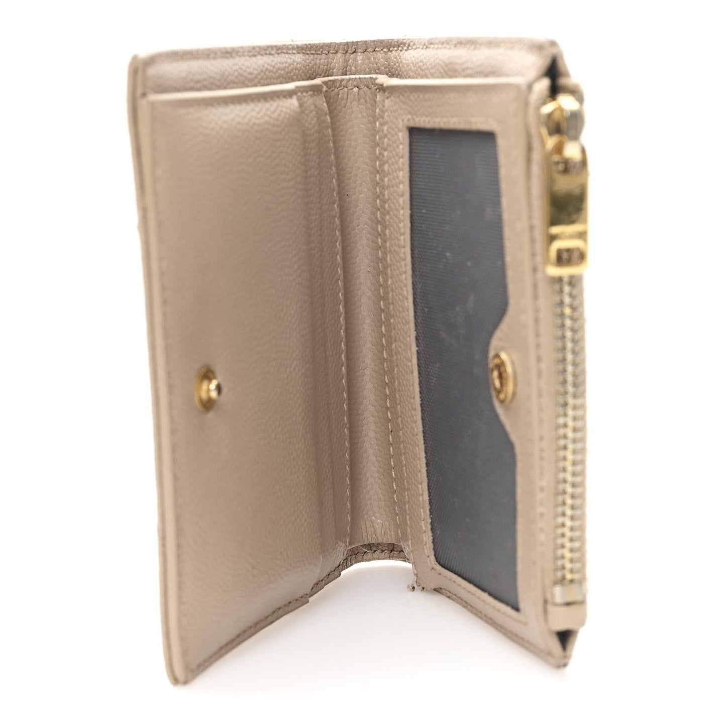 Saint Laurent Grain De Poudre Matelasse Chevron Monogram Zipped Card Case Dark Beige
