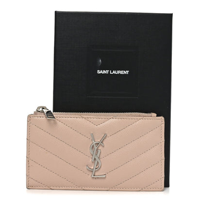 Saint Laurent Grain De Poudre Matelasse Chevron Monogram Fragments Zippered Card Case Marble Pink