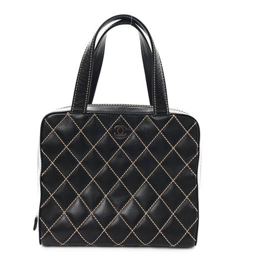 Chanel Calfskin Wild Stitch Vertical Top Handle Bag Black