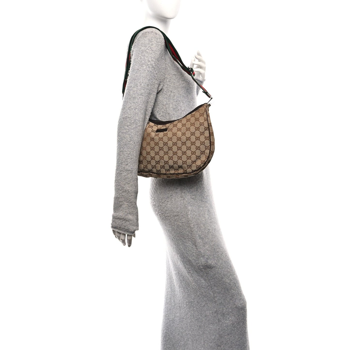 Gucci Monogram Web Medium Half Moon Hobo Dark Brown