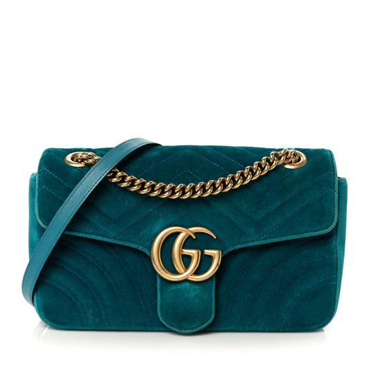 Gucci Velvet Matelasse Small GG Marmont Shoulder Bag Pavone Cyan