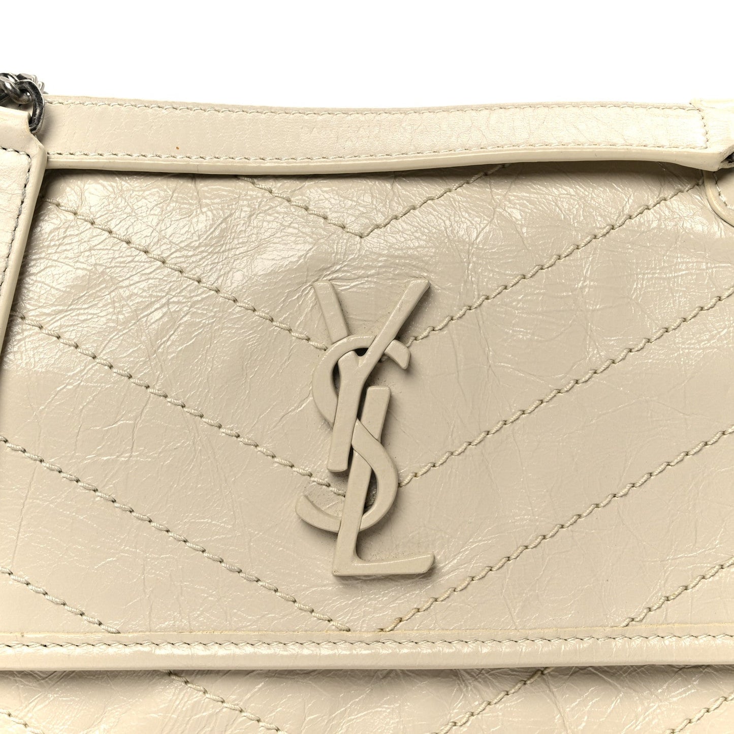 Saint Laurent Crinkled Calfskin Matelasse Monogram Baby Niki Chain Satchel Crema Soft