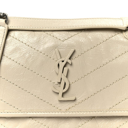 Saint Laurent Crinkled Calfskin Matelasse Monogram Baby Niki Chain Satchel Crema Soft