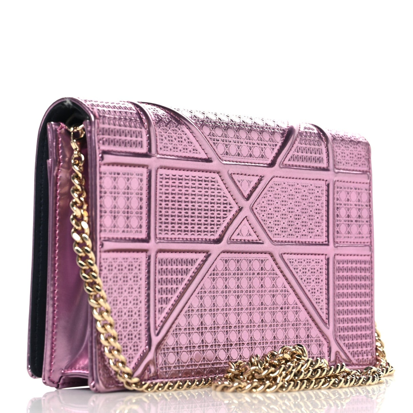 Christian Dior Metallic Patent Micro-Cannage Diorama Wallet on Chain Pouch Pink