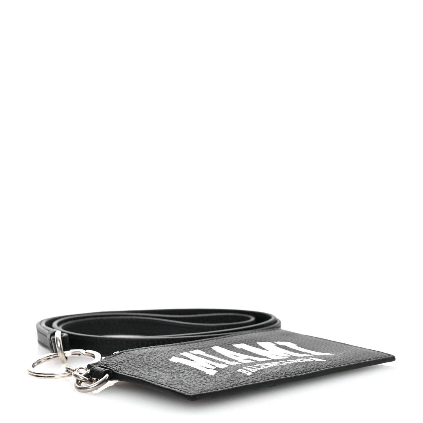 Balenciaga Grained Calfskin Miami Logo Cash Coin Card Holder On Keychain Black