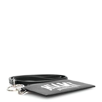 Balenciaga Grained Calfskin Miami Logo Cash Coin Card Holder On Keychain Black