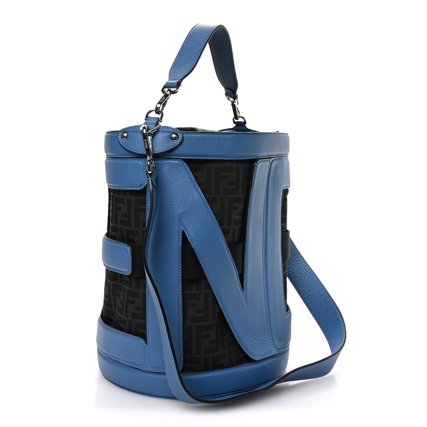 Fendi Jacquard Vitello Logo Bucket Bag Blue