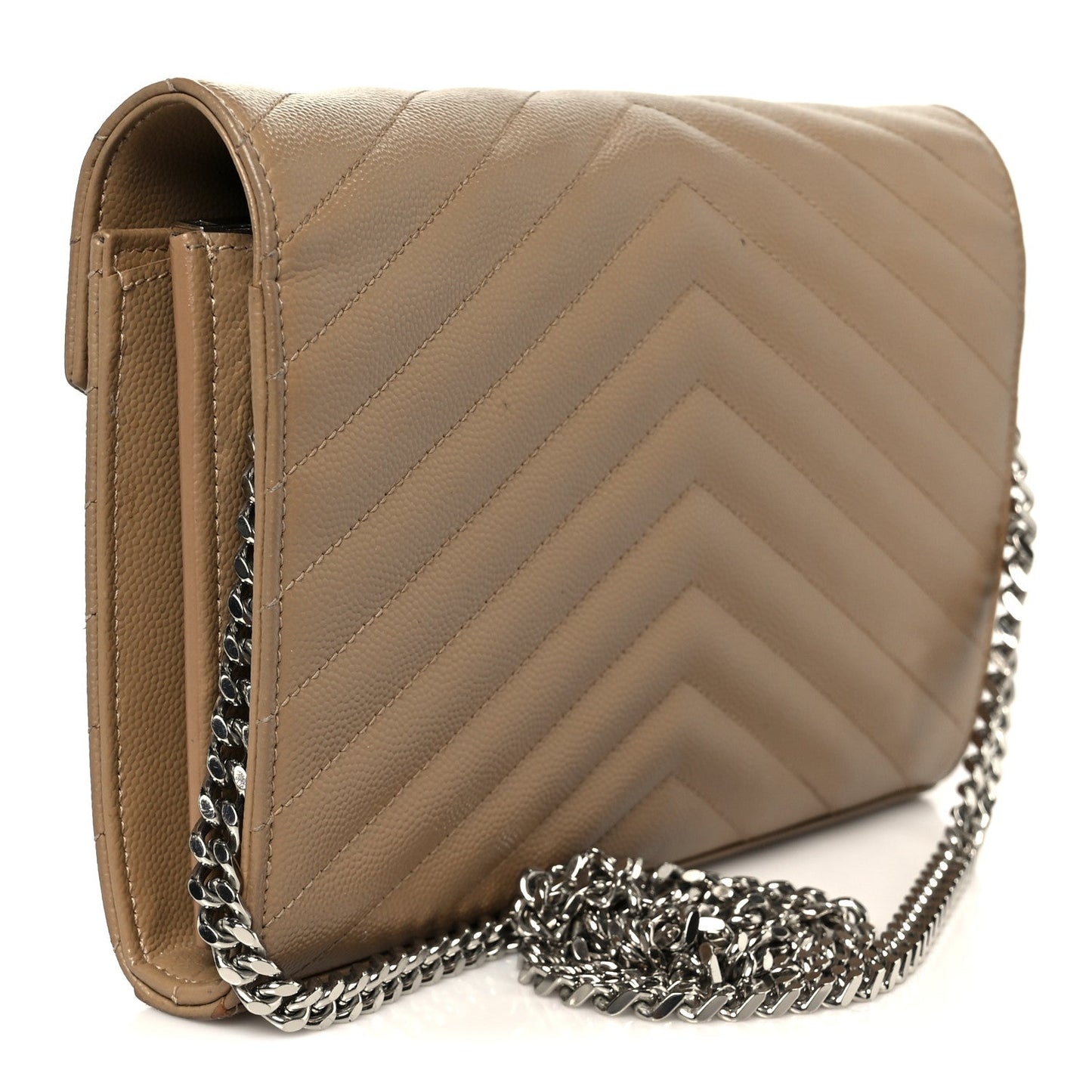 Saint Laurent Grain De Poudre Matelasse Chevron Monogram Chain Wallet Taupe