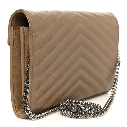 Saint Laurent Grain De Poudre Matelasse Chevron Monogram Chain Wallet Taupe