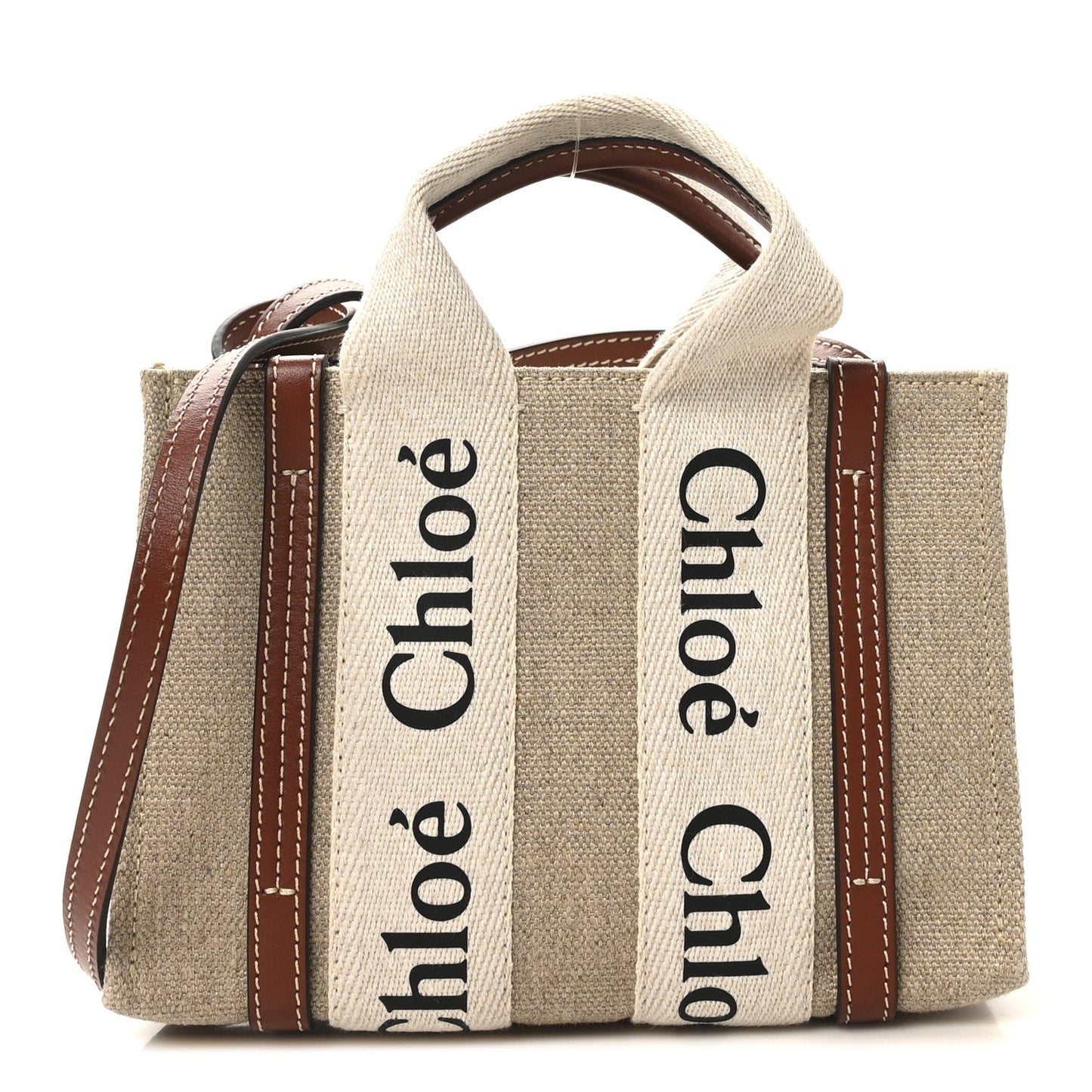 Chloe Cotton Calfskin Mini Woody Ribbon Tote With Strap White Brown
