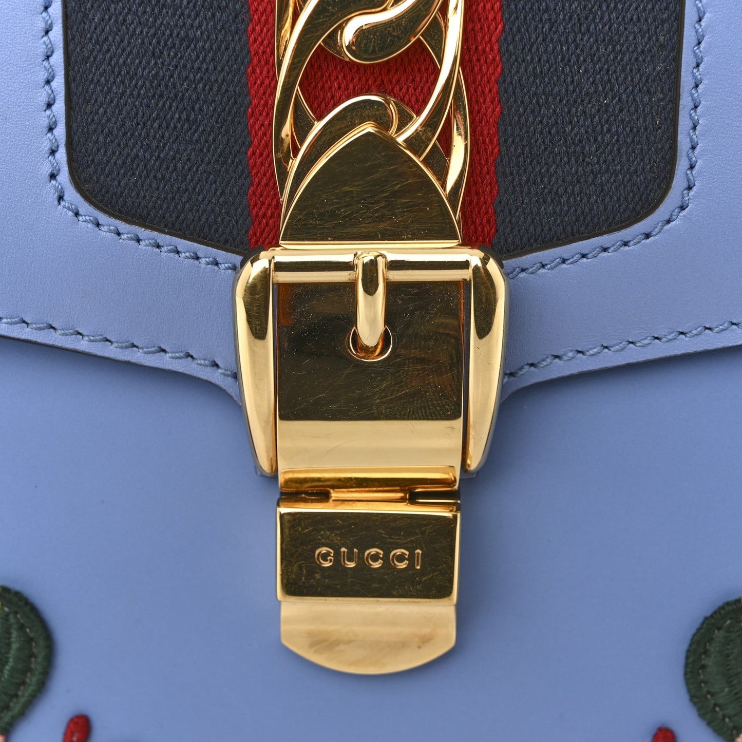Gucci Calfskin Embroidered Medium Sylvie Top Handle Bag Clear Sky Blue