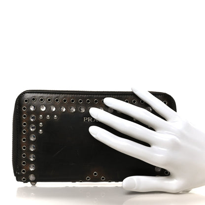 Prada Aged Calfskin Grommet Crystal Studded Zip Around Wallet Ebano