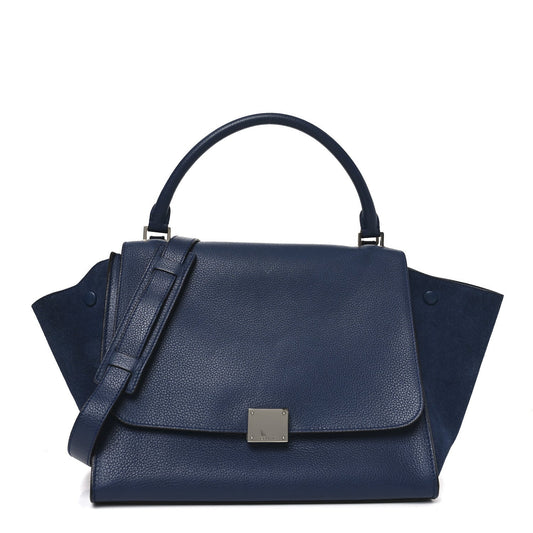 Celine Drummed Calfskin Suede Medium Trapeze Navy Blue