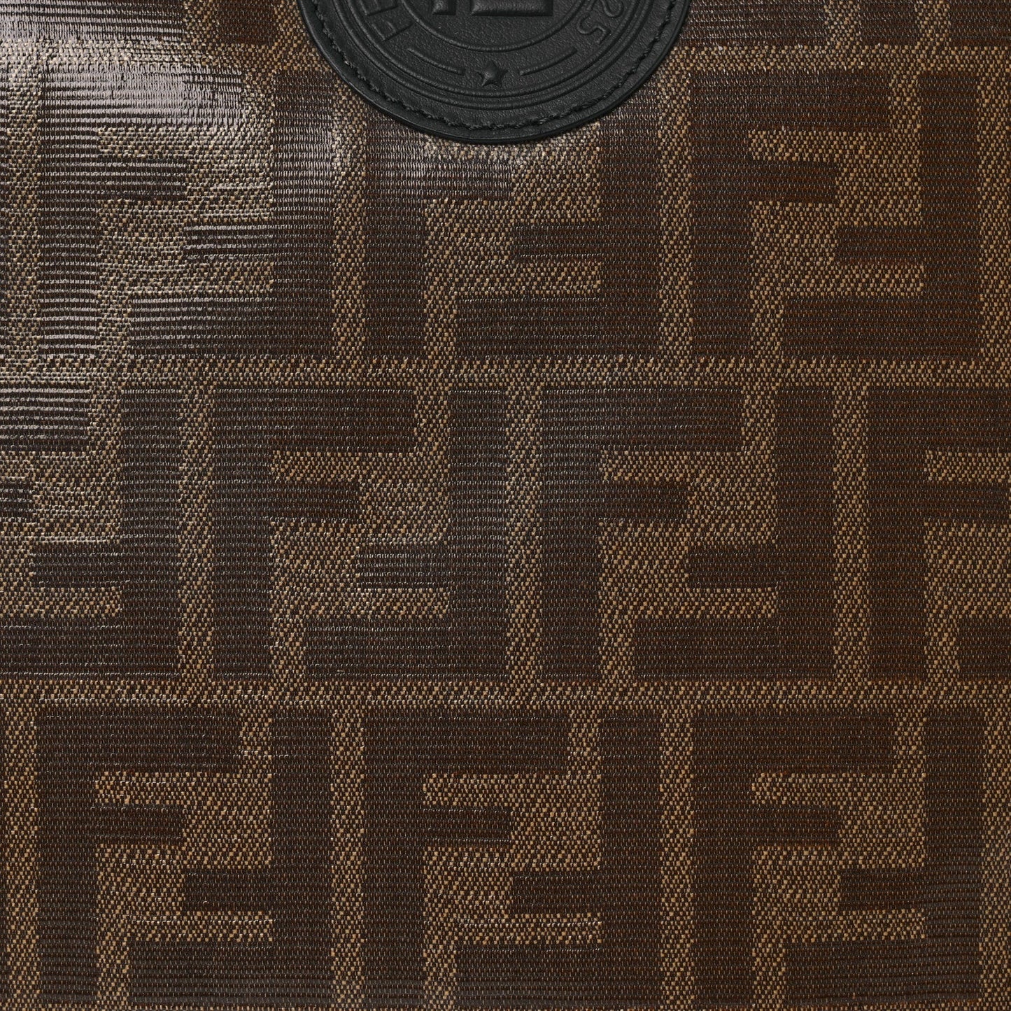 Fendi Glazed Fabric Vitello Century FF 1974 Stamp Patch Large Flat Pouch Mogano Panna Black