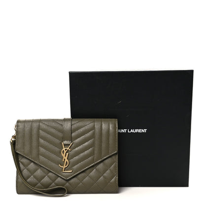 Saint Laurent Grain De Poudre Textured Mixed Matelasse Triquilt Monogram Clutch Vert Kaki