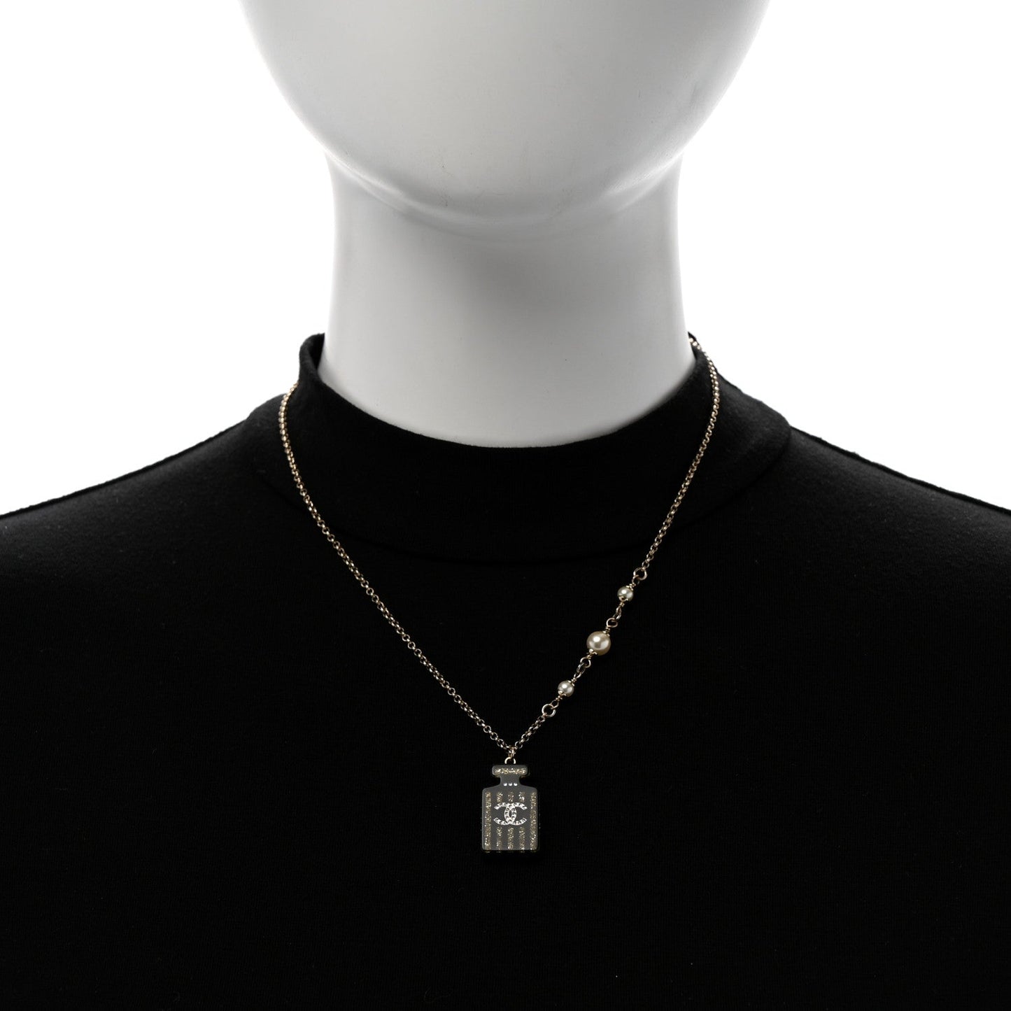 Chanel Resin Strass Pearl Perfume Bottle CC Necklace Black Gold