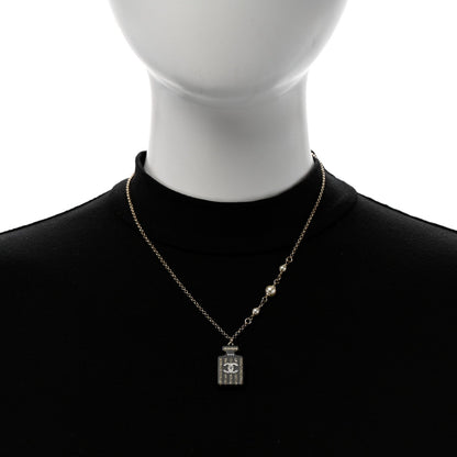 Chanel Resin Strass Pearl Perfume Bottle CC Necklace Black Gold
