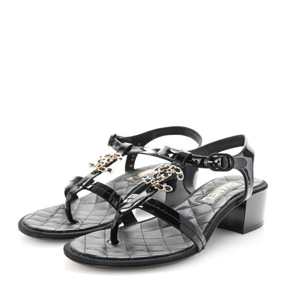 Chanel Patent CC Logo Thong Sandals 37 Black
