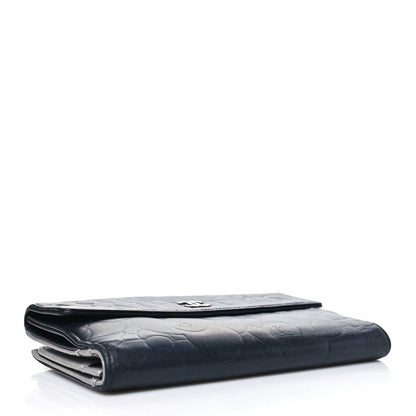 Chanel Lambskin Camellia Embossed Long Double Wallet Black