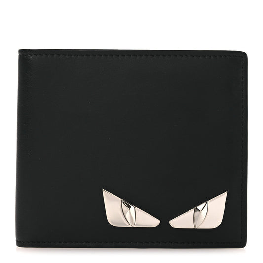 Fendi Calfskin Metal Monster Eyes Bi-fold Wallet Black