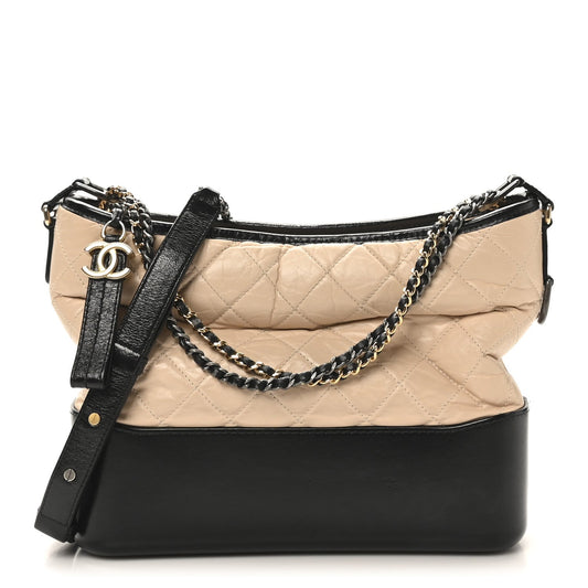 Chanel Aged Calfskin Quilted Medium Gabrielle Hobo Beige Black