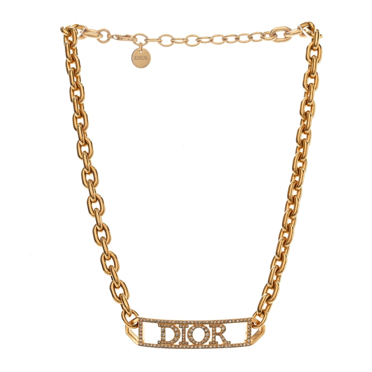 Christian Dior Metal Crystal Logo Chain Choker Necklace Gold