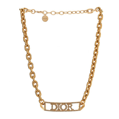 Christian Dior Metal Crystal Logo Chain Choker Necklace Gold